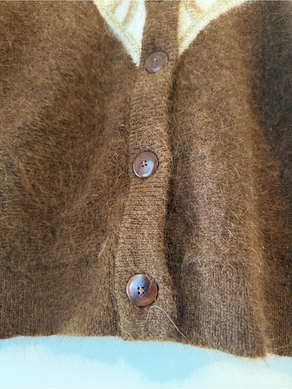 Sezane Brown and Cream Patterned Mohair Wool Blend Cardigan with Gold Metallic S - Picture 9 of 15